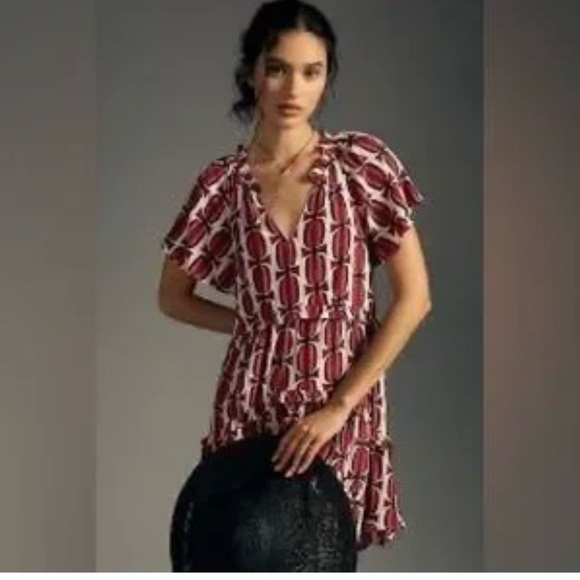 Anthropologie Tops - Anthropologie Red and White Printed V-Neck Tunic